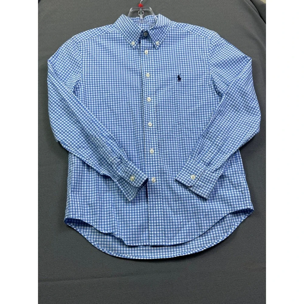 Ralph Lauren Boys Blue Gingham Natural Stretch Button Down‎ Shirt Size M 10-12